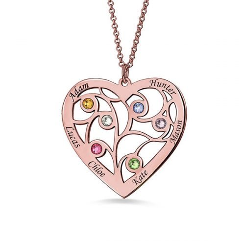 Collar de árbol genealógico con piedras natales en baño de oro rosa