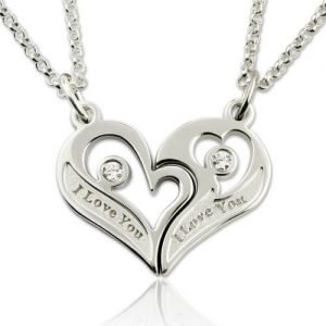 Collar de corazón rompible para pareja con piedras natales de plata #039;