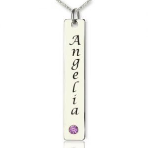 Etiqueta de nombre de collar de barra vertical de plata con piedra de nacimiento
