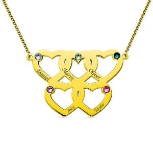 Engraved Five Hearts Necklace With Birthstones In Gold