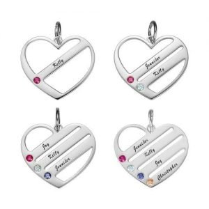 Geboortesteen hart ketting met gegraveerde namen