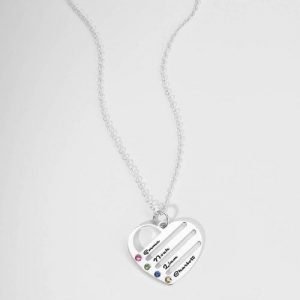 Geboortesteen hart ketting met gegraveerde namen