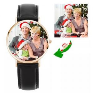 Uniseks roségoudkleurig fotohorloge met zwarte leren band