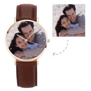 Uniseks roségoudkleurige fotohorloge met bruine leren band