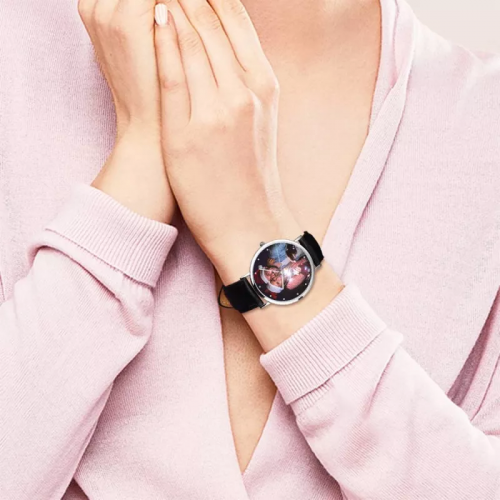 Dames fotohorloge zwarte leren band