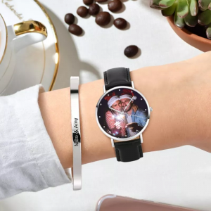 Dames fotohorloge zwarte leren band