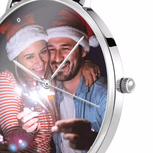 Dames fotohorloge zwarte leren band