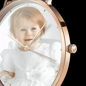 Womens Rose Goldtone foto horloge zwart lederen band
