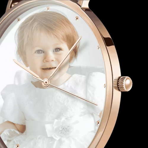 Womens Rose Goldtone foto horloge zwart lederen band