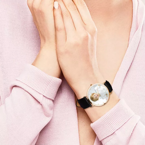 Womens Rose Goldtone foto horloge zwart lederen band