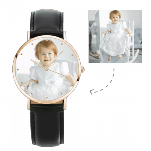 Womens Rose Goldtone foto horloge zwart lederen band