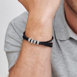 Bracelet noir personnalisé de tresse d'hommes d'argent sterling avec de petits bracelets faits sur commande