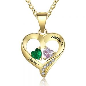 Collar con colgante de pareja de piedra natal simulada de corazón personalizado de plata esterlina
