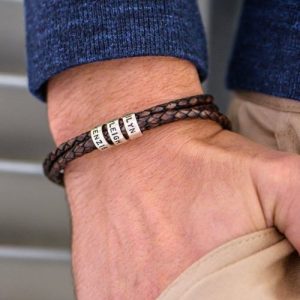Pulsera de plata de ley personalizada para hombre en cuero negro