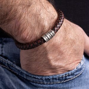 Pulsera personalizada de plata de ley para hombre de cuero grueso de una sola hebra